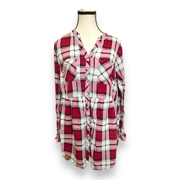 Women’s torrid 1 Beet Red Plaid Emma Babydoll Challis Button Front Tunic 14 16 - Picture 3 of 12